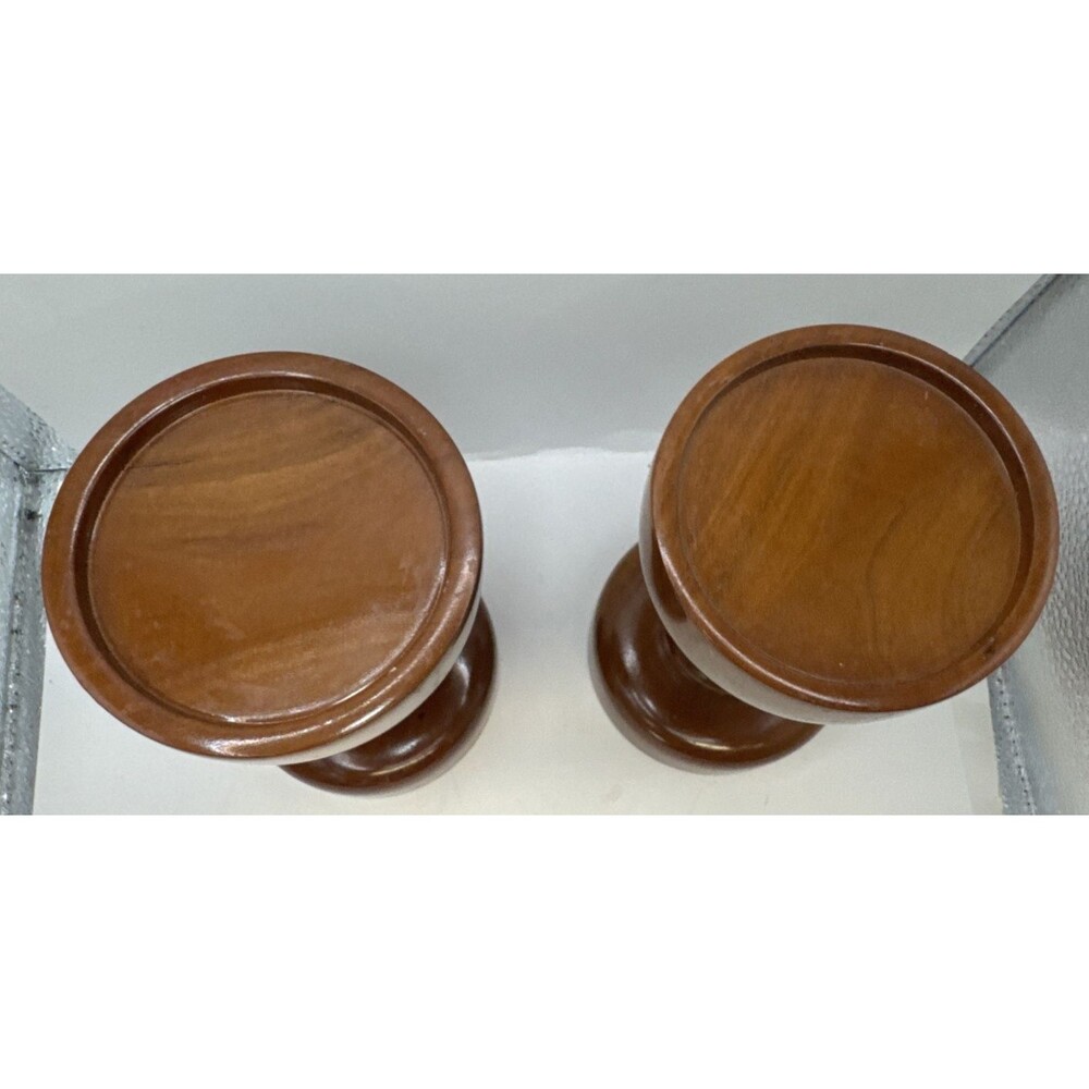 Pair Heavy VTG MCM Hardwood Pillar Candlesticks Hand Turned Signed 6.5 Inches - Picture 4 of 6